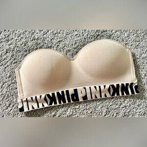 PINK Victoria’s Secret Strapless Padded Bandeau in Nude with Black Logo Band